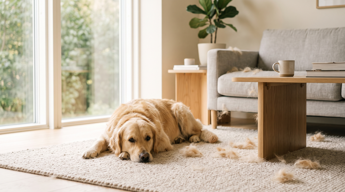 Golden retriever na dywanie z widoczną wypadającą sierścią — linienie u psa