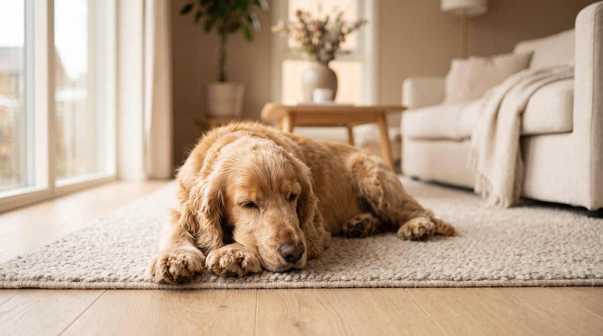 Cocker spaniel odpoczywający w domu — problemy trawienne i biegunka u psa
