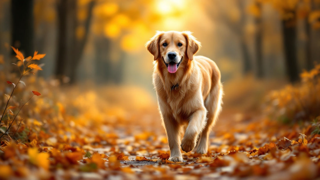 Golden retriever idzie leśną ścieżką wśród jesiennych liści — glukozamina i sprawne stawy psa