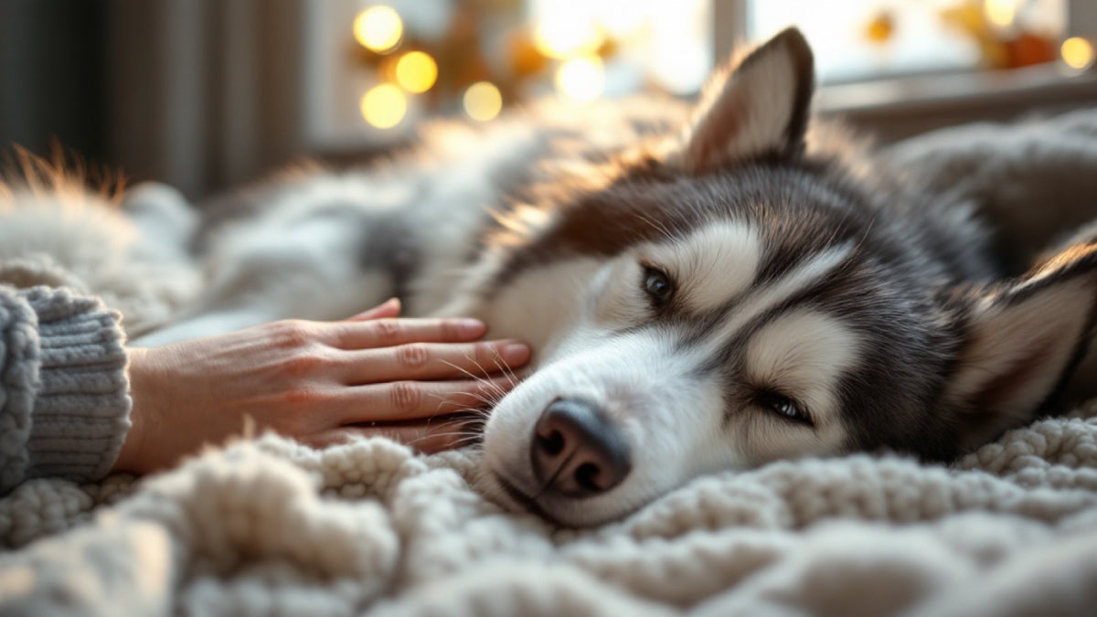Opiekun głaszcze husky'ego leżącego na kocu w ciepłym domu zimą — pielęgnacja skóry i łupież u psa