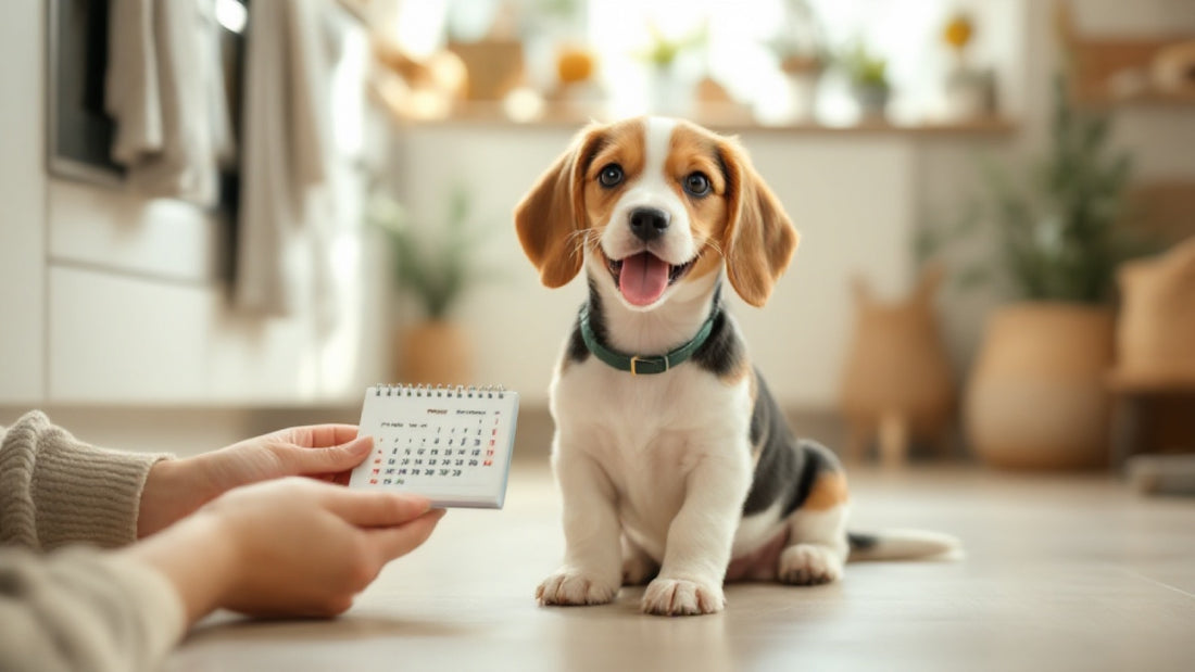 Szczeniak beagle obok opiekuna trzymającego kalendarz odrobaczania psa