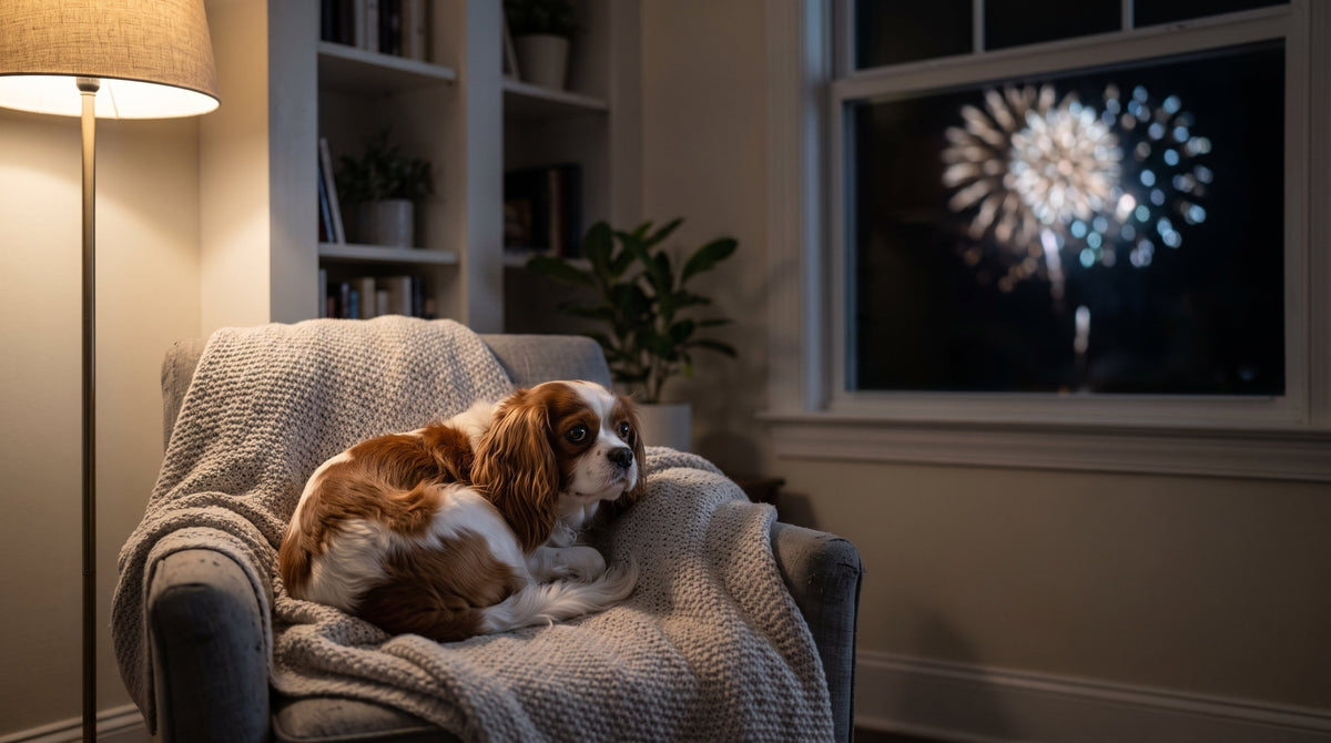 Przestraszony cavalier king charles spaniel chowający się pod kanapą podczas fajerwerków