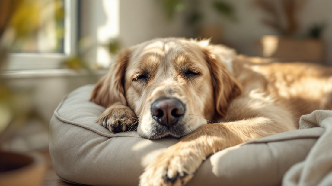 Starszy golden retriever z siwym pyskiem śpi na ortopedycznym legowisku — pies senior