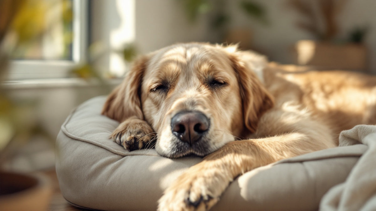 Starszy golden retriever z siwym pyskiem śpi na ortopedycznym legowisku — pies senior