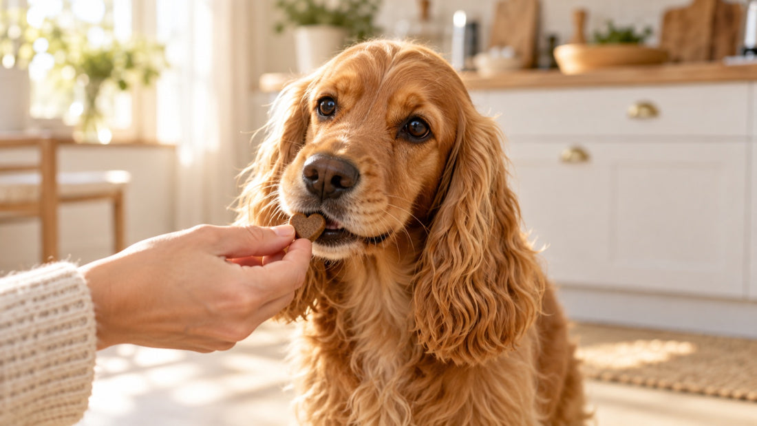 Cocker spaniel bierze kąsek z dłoni w kuchni — probiotyk dla psa na jelita
