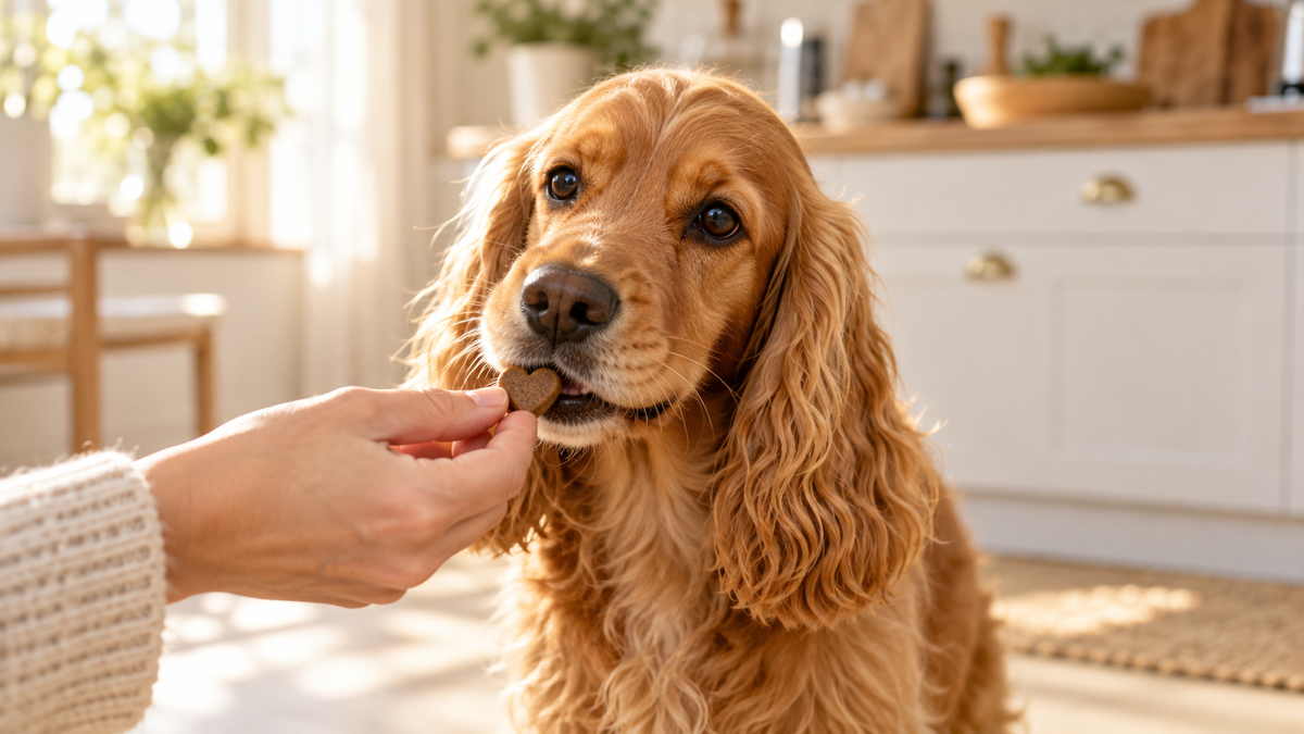 Cocker spaniel bierze kąsek z dłoni w kuchni — probiotyk dla psa na jelita