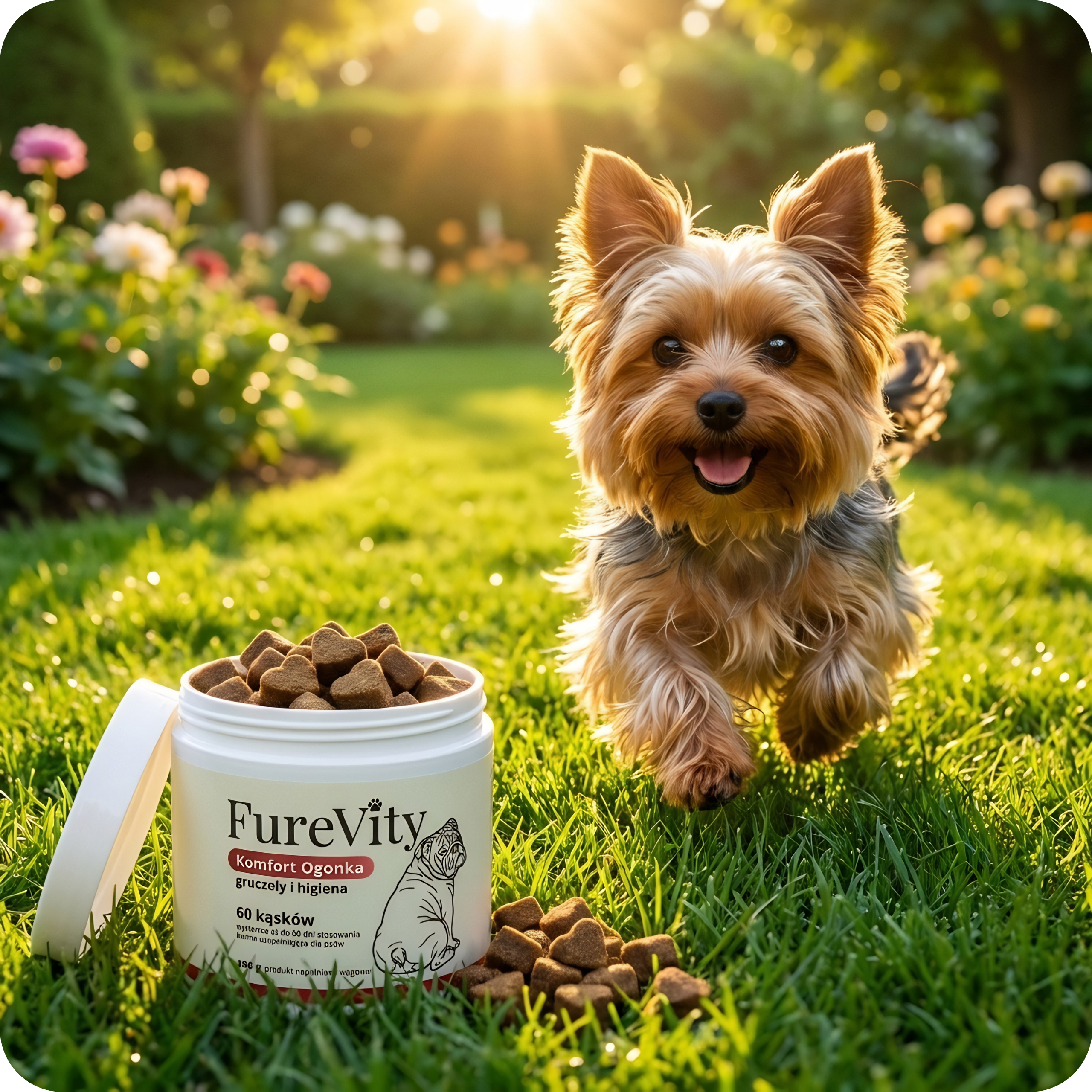 Yorkshire terrier biegnący po trawie obok kąsków Komfort Ogonka na gruczoły analne